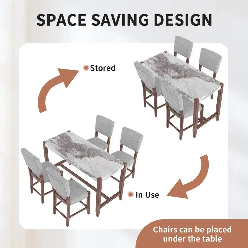 Table de salle à manger moderne hauteur comptoir, table de bar en faux marbre et 4 chaises rembourrées