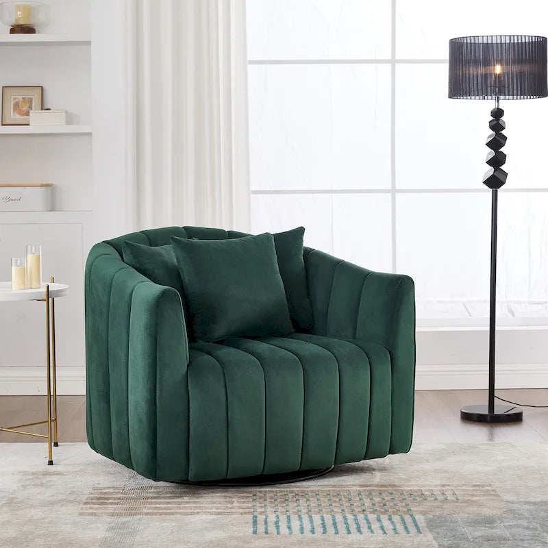 Fauteuil Club Pivotant Surdimensionné 360° avec 3 Coussins, Fauteuil Rond en Velours Capitonnage Cannelé en Forme de Citrouille