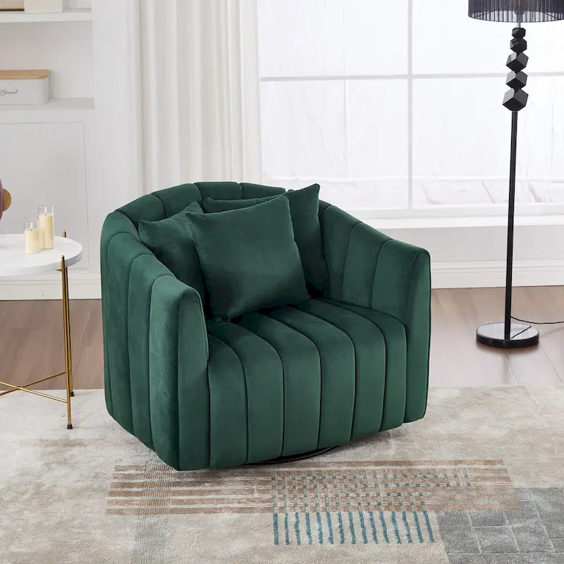 Fauteuil Club Pivotant Surdimensionné 360° avec 3 Coussins, Fauteuil Rond en Velours Capitonnage Cannelé en Forme de Citrouille