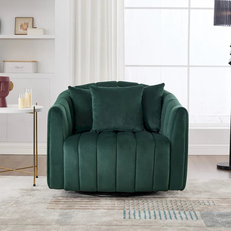 Fauteuil Club Pivotant Surdimensionné 360° avec 3 Coussins, Fauteuil Rond en Velours Capitonnage Cannelé en Forme de Citrouille