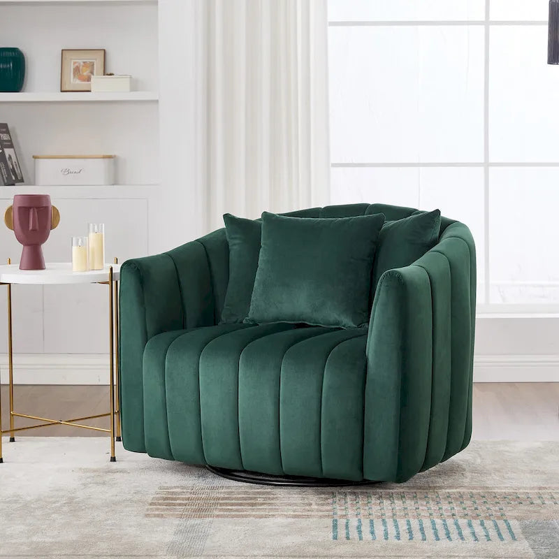 Fauteuil Club Pivotant Surdimensionné 360° avec 3 Coussins, Fauteuil Rond en Velours Capitonnage Cannelé en Forme de Citrouille