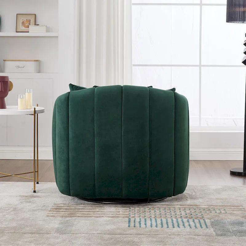 Fauteuil Club Pivotant Surdimensionné 360° avec 3 Coussins, Fauteuil Rond en Velours Capitonnage Cannelé en Forme de Citrouille