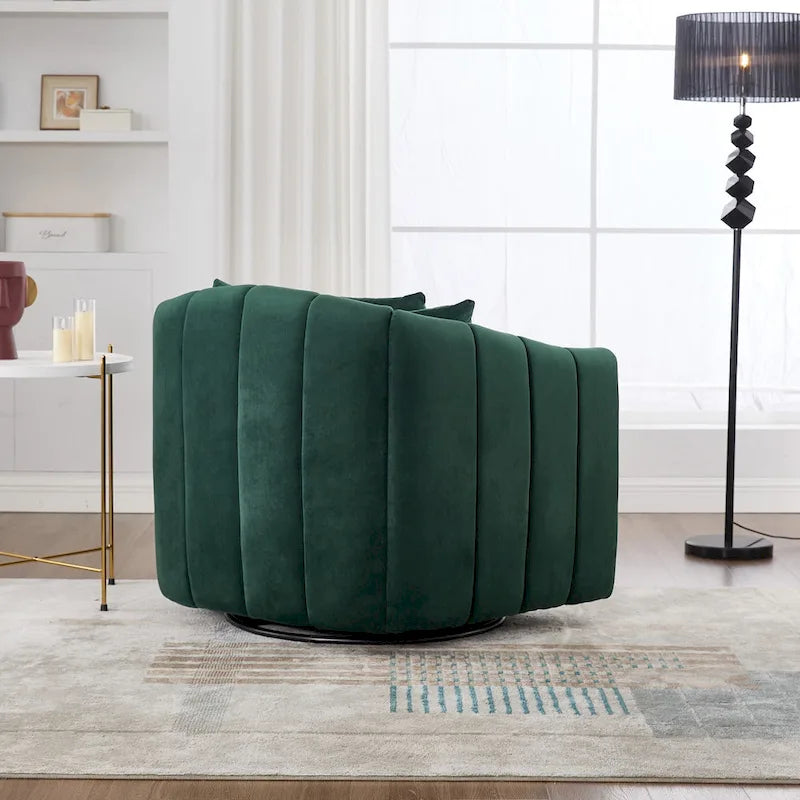 Fauteuil Club Pivotant Surdimensionné 360° avec 3 Coussins, Fauteuil Rond en Velours Capitonnage Cannelé en Forme de Citrouille