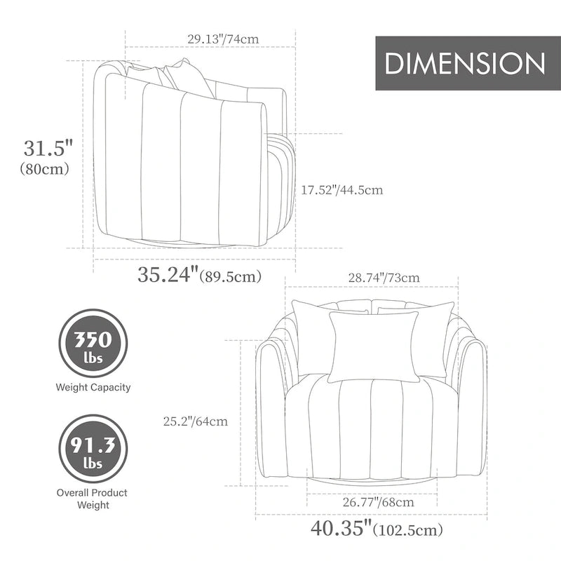 Fauteuil Club Pivotant Surdimensionné 360° avec 3 Coussins, Fauteuil Rond en Velours Capitonnage Cannelé en Forme de Citrouille
