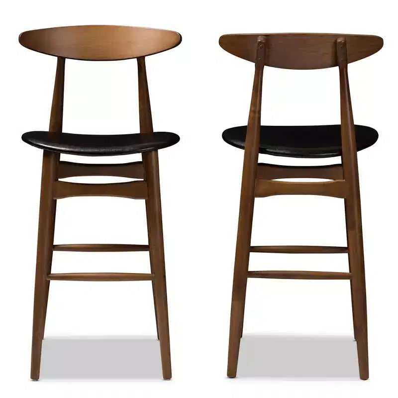 Lot de 2 tabourets de bar Flora en bois de noyer de style Mid-Century Modern - Baxton Studio : similicuir, dossier incurvé, hauteur fixe