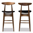 Lot de 2 tabourets de bar Flora en bois de noyer de style Mid-Century Modern - Baxton Studio : similicuir, dossier incurvé, hauteur fixe