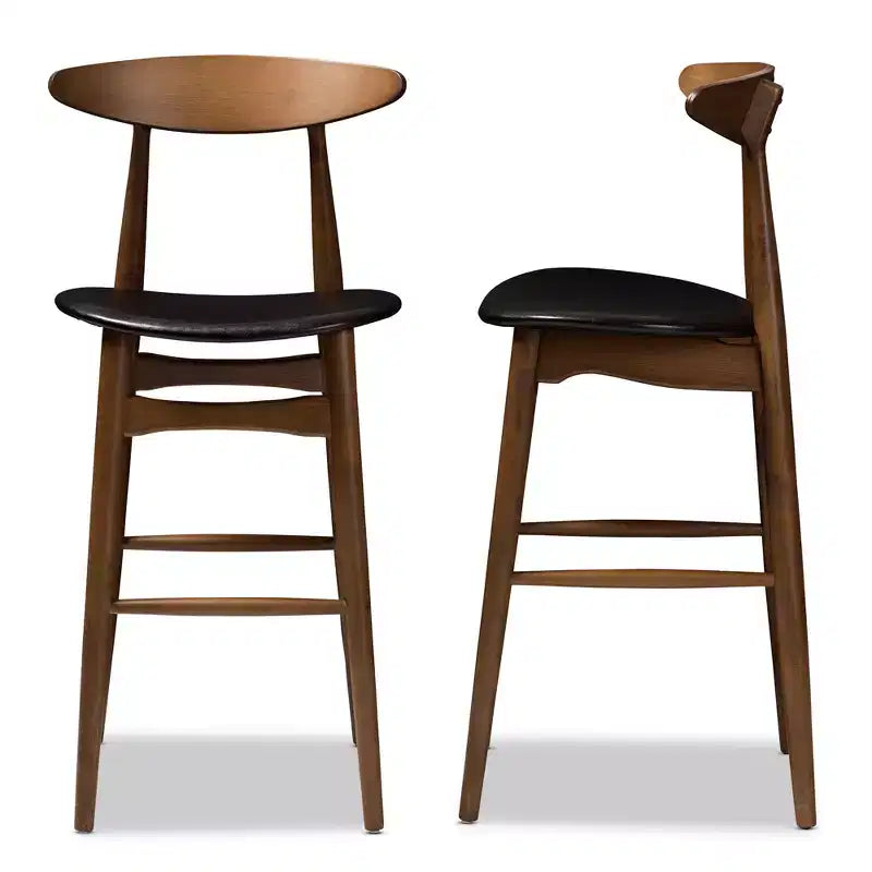 Lot de 2 tabourets de bar Flora en bois de noyer de style Mid-Century Modern - Baxton Studio : similicuir, dossier incurvé, hauteur fixe