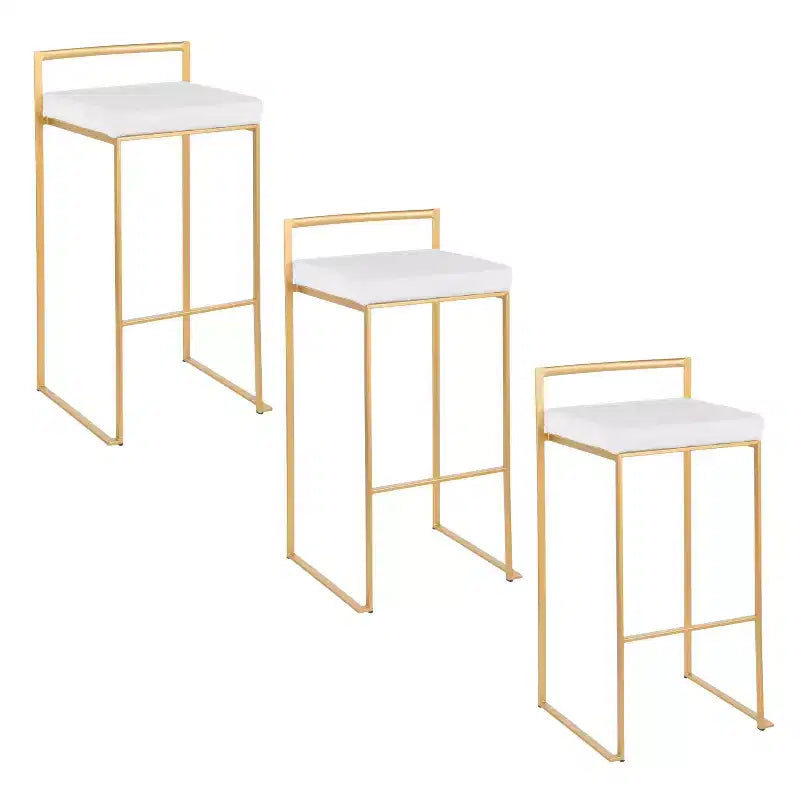 LumiSource Set of 3 Fuji Stacker Barstools Gold/White Velvet