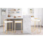 LumiSource Lot de 3 tabourets de bar empilables Fuji, velours doré/blanc