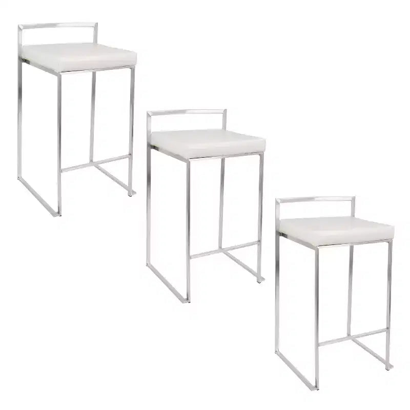 LumiSource Set of 3 Fuji Stacker Counter Height Barstools Stainless Steel/White PU