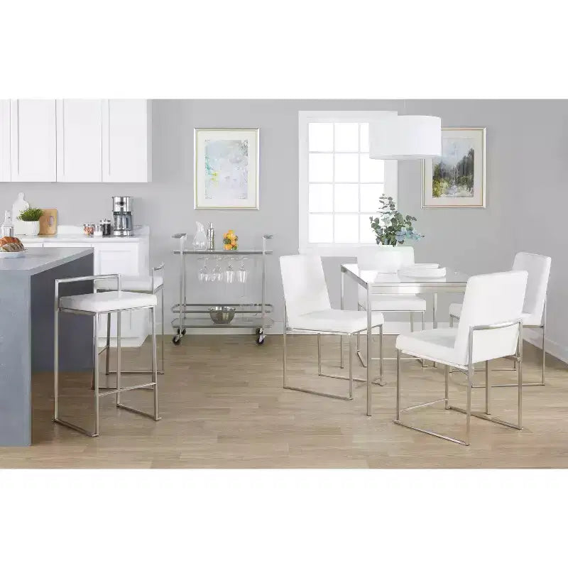 Lot de 3 tabourets de bar à hauteur de comptoir empilables LumiSource Fuji, acier inoxydable/PU blanc