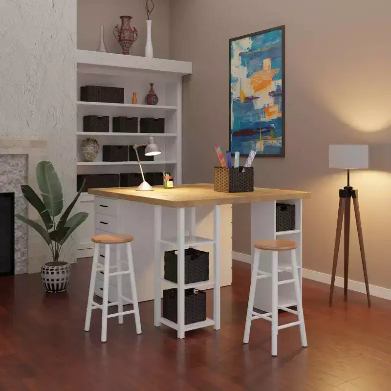 Tabourets de bar Huxton Winsome 2p 73,6 cm Naturel/Blanc : Cadre rond en bois, Hauteur fixe, Nettoyage des taches