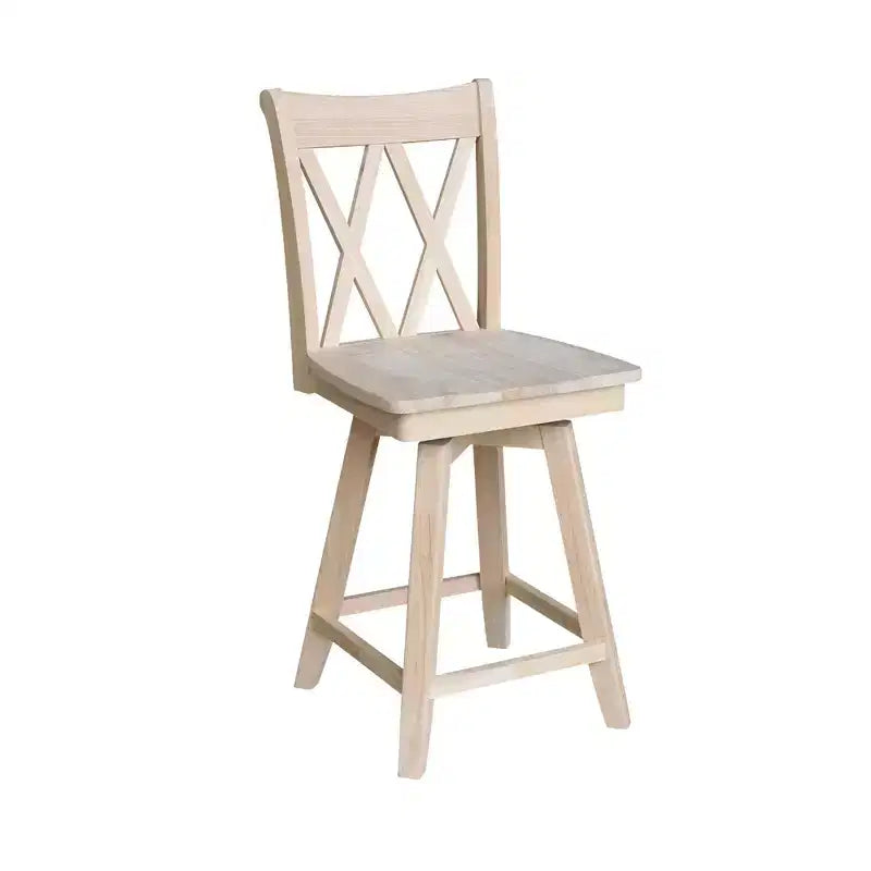 Tabouret de bar de 24 po à double dossier en X, hauteur comptoir, avec pivot et retour automatique, non fini - International Concepts : Cadre en bois massif