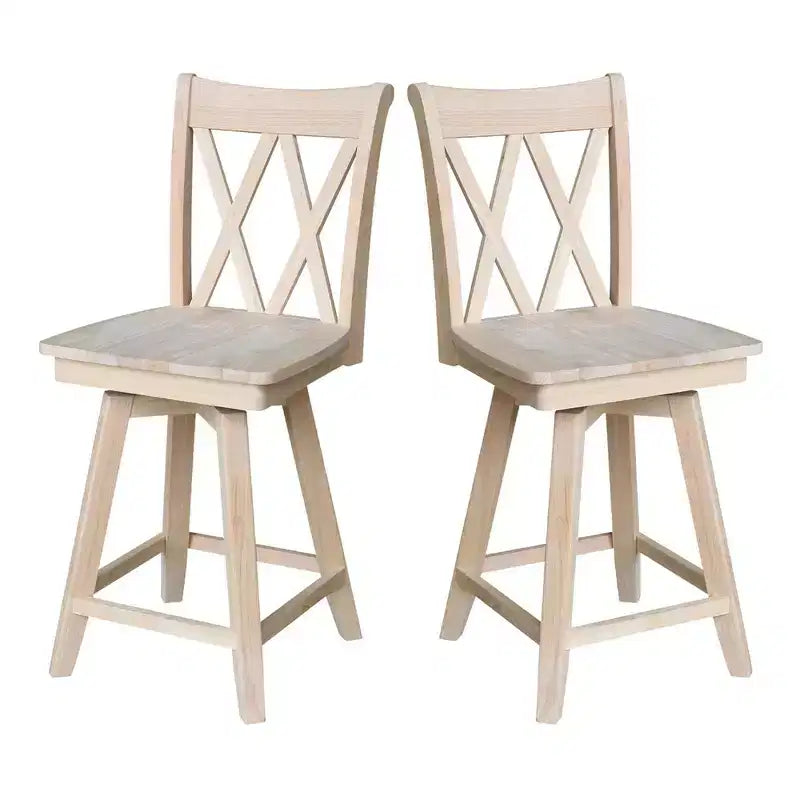 Tabouret de bar de 24 po à double dossier en X, hauteur comptoir, avec pivot et retour automatique, non fini - International Concepts : Cadre en bois massif
