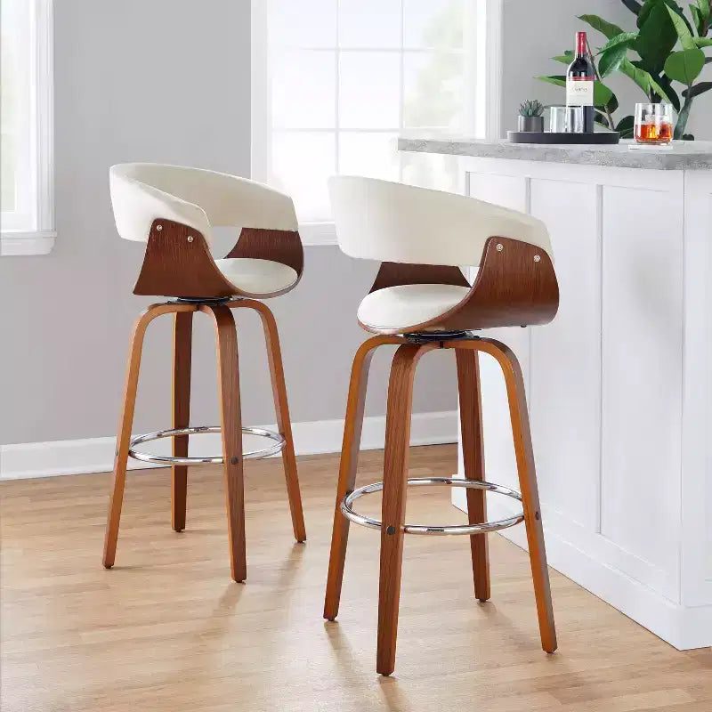 LumiSource Lot de 2 tabourets de bar vintage modernes Noyer/Chrome/Crème : Chaises pivotantes rembourrées avec repose-pieds