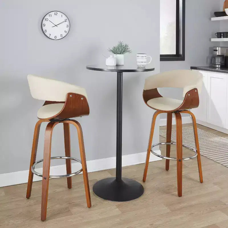 LumiSource Lot de 2 tabourets de bar vintage modernes Noyer/Chrome/Crème : Chaises pivotantes rembourrées avec repose-pieds