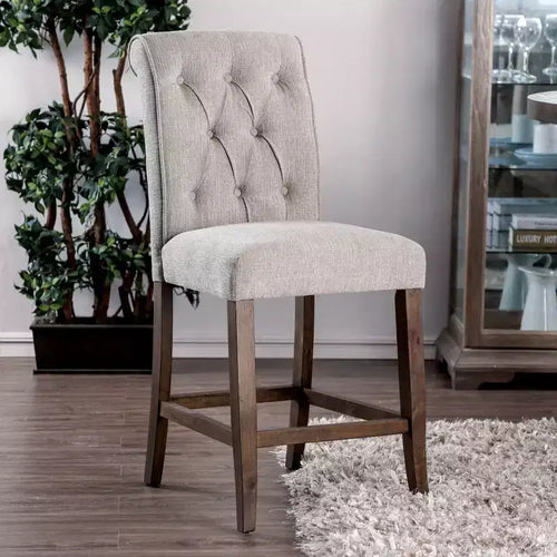 Lot de 2 tabourets de bar à hauteur de comptoir Bouton tufté Beige/Chêne rustique – HOMES: Inside + Out: Rembourré, Pieds en bois, Assise fixe