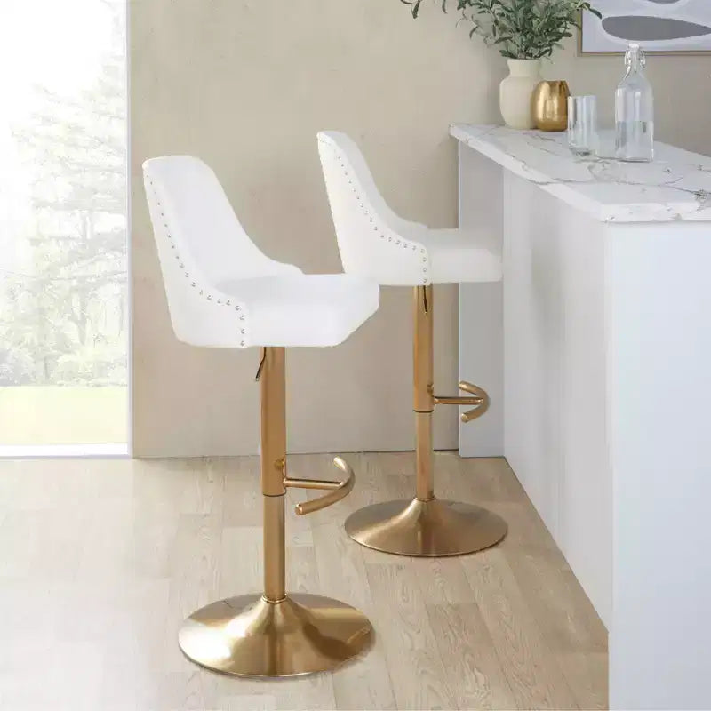 LumiSource Lot de 2 tabourets de bar Marcel cloutés or/similicuir blanc