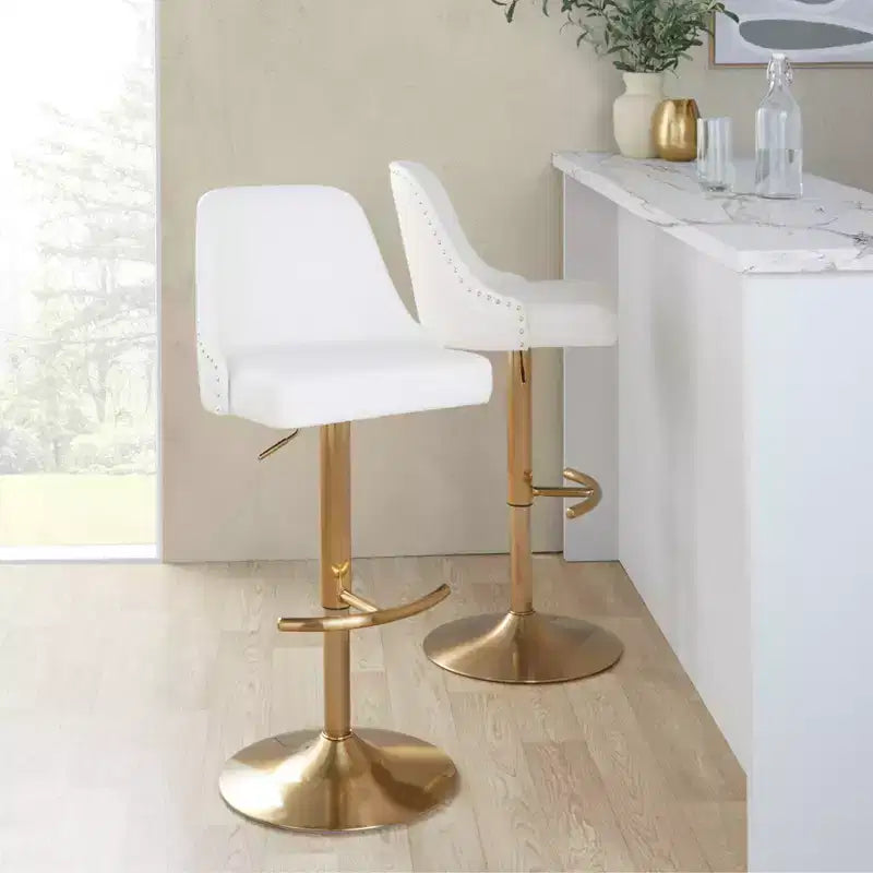 LumiSource Lot de 2 tabourets de bar Marcel cloutés or/similicuir blanc
