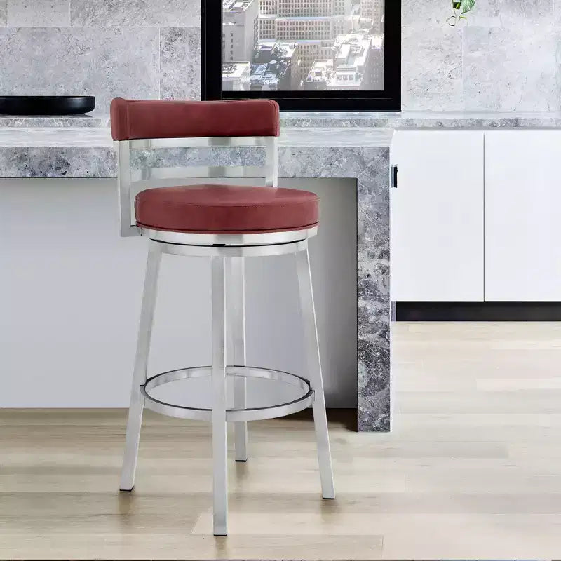 Tabouret de bar de 26 po Madrid à hauteur de comptoir, en similicuir rouge et acier inoxydable brossé - Armen Living : Design moderne, pivotant, dossier bas, sans accoudoirs