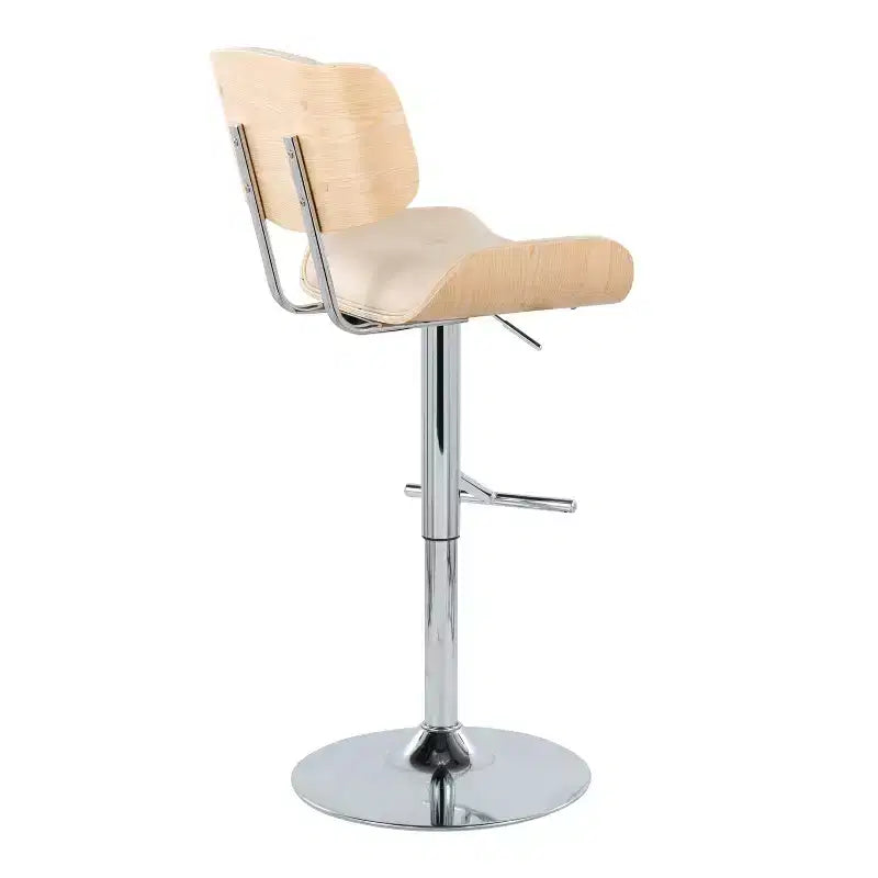 Lot de 2 tabourets de bar Lombardi réglables Chrome/Naturel/Crème : Milieu du siècle, capitonné, bois courbé, pivotant à 360° - LumiSource