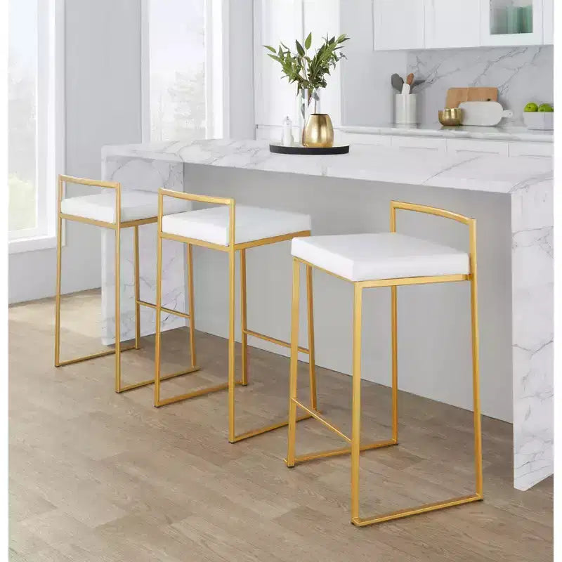 LumiSource Ensemble de 3 tabourets de bar Fuji à hauteur de comptoir Or/PU blanc