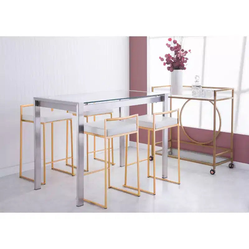 LumiSource Ensemble de 3 tabourets de bar Fuji à hauteur de comptoir Or/PU blanc