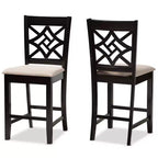 2pc Nicolette Wood Counter Height Barstool Set Sand/Brown - Baxton Studio: Elegant Cut-Out Back Design, Polyester Upholstery