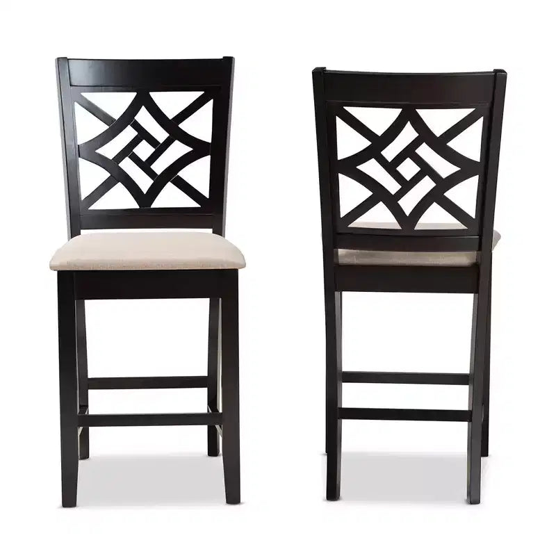Lot de 2 tabourets de bar Nicolette en bois de hauteur comptoir Sable/Brun - Baxton Studio : design élégant avec dossier ajouré, revêtement en polyester