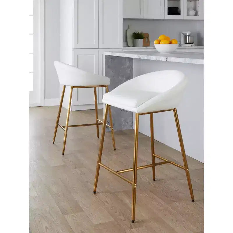 LumiSource Lot de 2 tabourets de bar 66 cm Matisse Glam Hauteur comptoir Métal doré/Similicuir blanc
