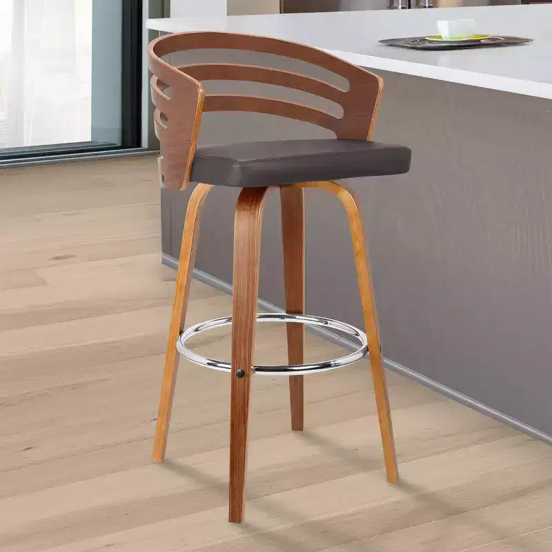 Tabouret de bar pivotant Benj mi-siècle de 76 cm de hauteur, brun - Armen Living : Structure en noyer, similicuir