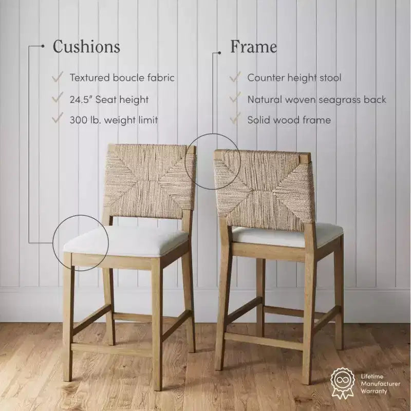 Lot de 2 tabourets de bar Nathan James Beacon en jonc de mer, hauteur comptoir, boucle crème