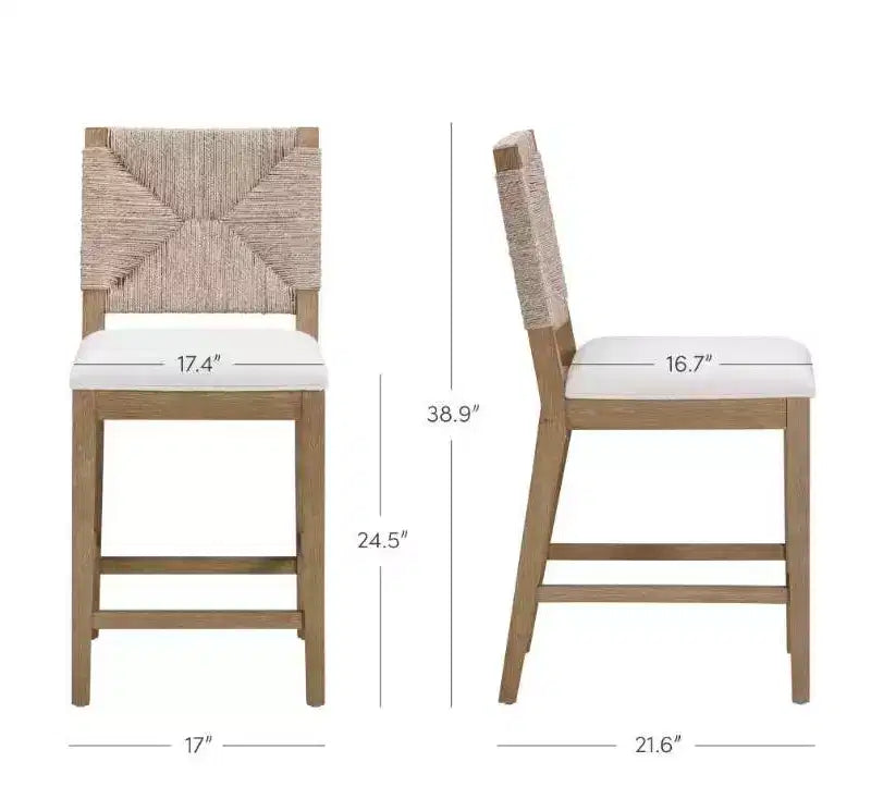 Lot de 2 tabourets de bar Nathan James Beacon en jonc de mer, hauteur comptoir, boucle crème