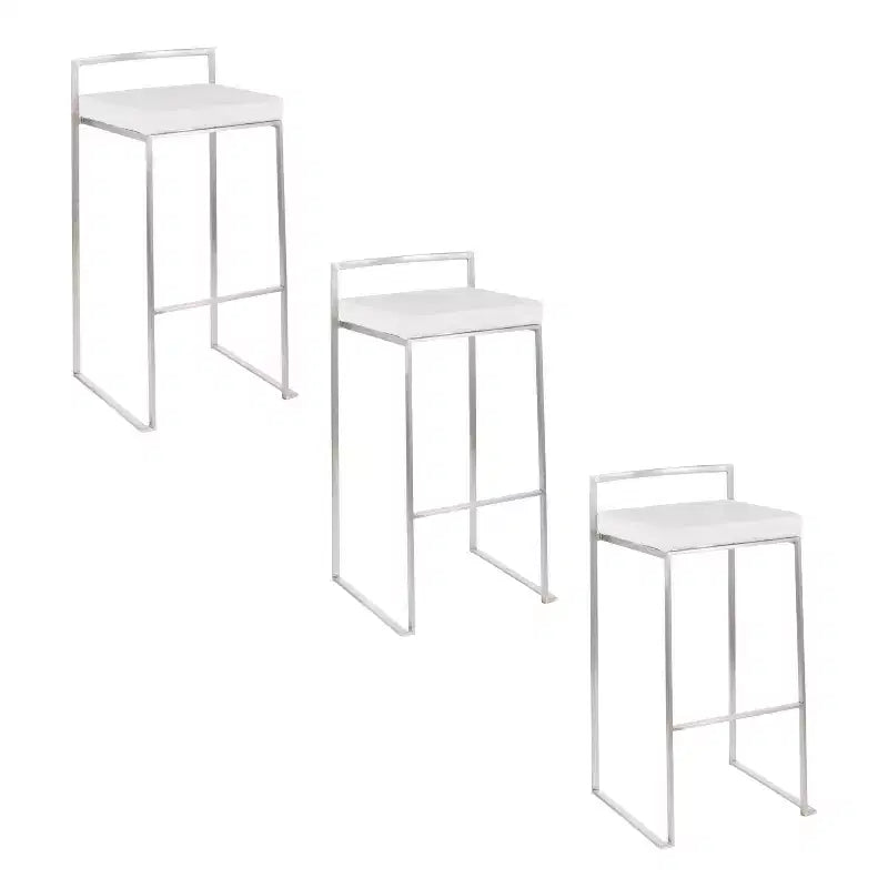 LumiSource Set of 3 Fuji Stacker Barstools Stainless Steel/White Velvet