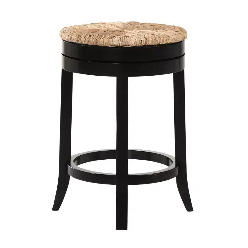 Tabouret de bar pivotant 24" Leif Rush Seat de Carolina Living, noir : Bois massif, siège en jonc tressé, sans accoudoirs