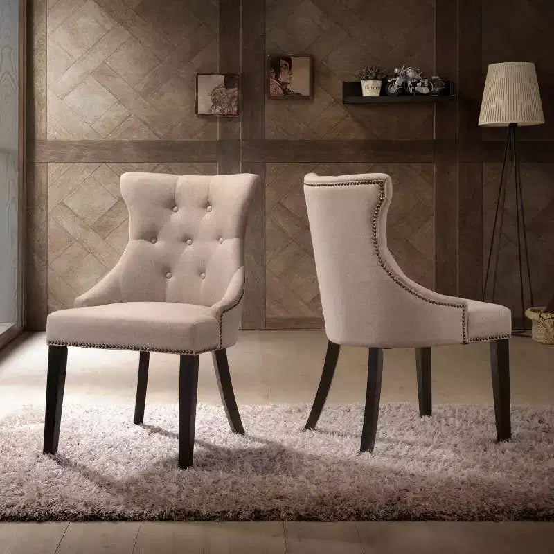 Carolina Living Lot de 2 chaises Ella à dossier capitonné avec clous décoratifs Espresso/Crème : dossier à oreilles, tissu lin, pieds en bois