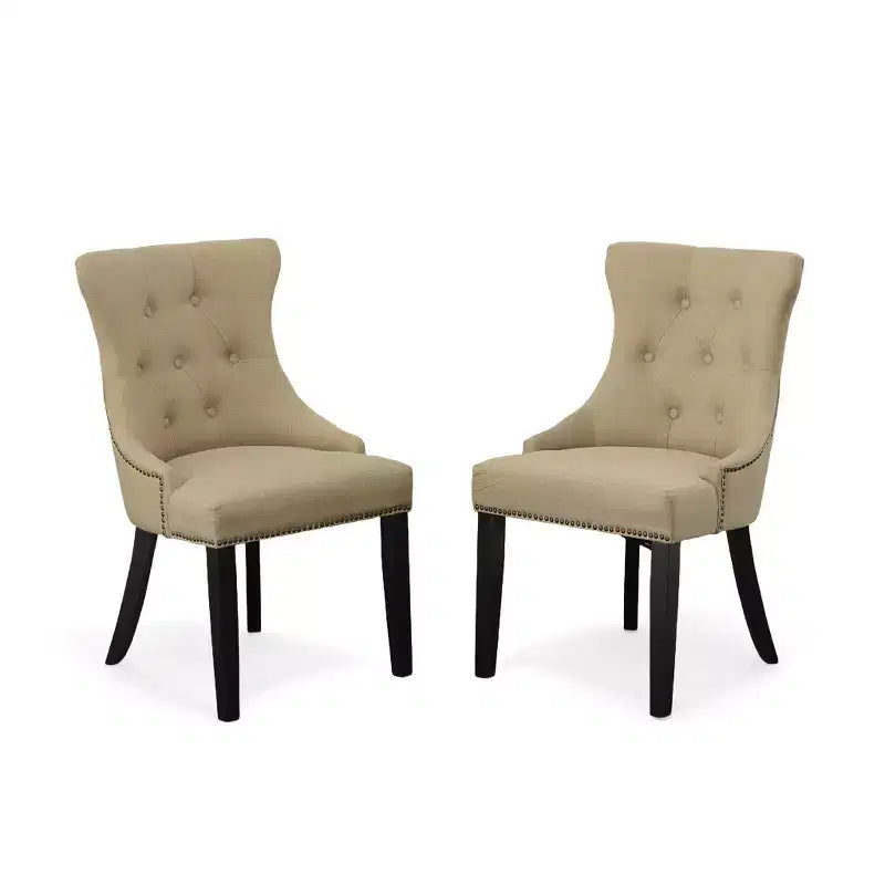 Carolina Living Lot de 2 chaises Ella à dossier capitonné avec clous décoratifs Espresso/Crème : dossier à oreilles, tissu lin, pieds en bois