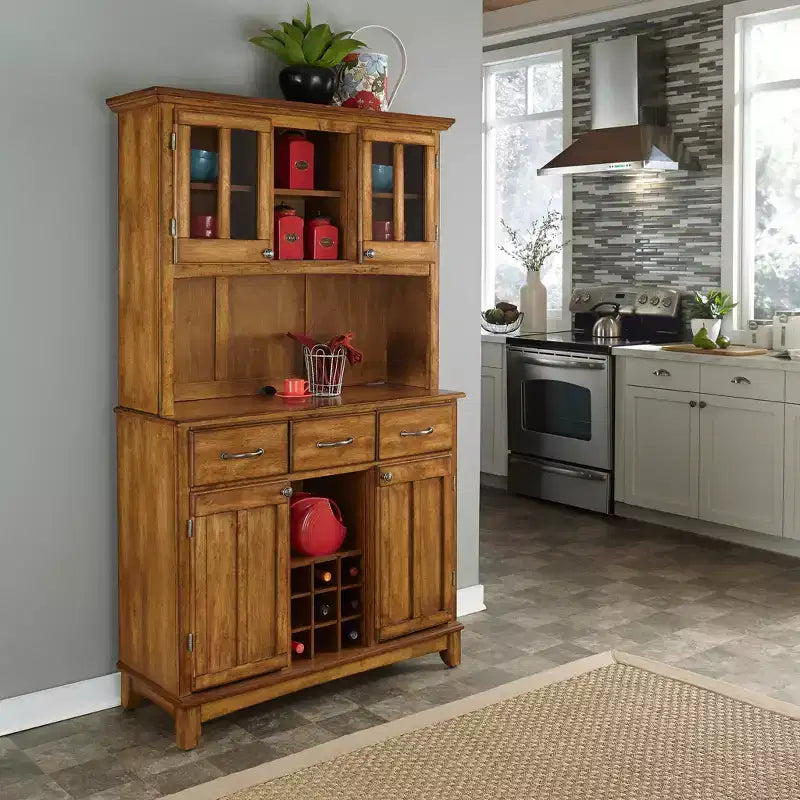 Bahut avec vaisselier 2 portes Bois/Chêne - Home Styles : Élégante desserte, vitrine, casier à vin, meuble de rangement