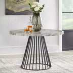 Table à manger ronde Lifestorey Indra moderne en similicuir marbre blanc cassé/noir : plateau en similicuir marbre, 4 places, mobilier de cuisine moderne