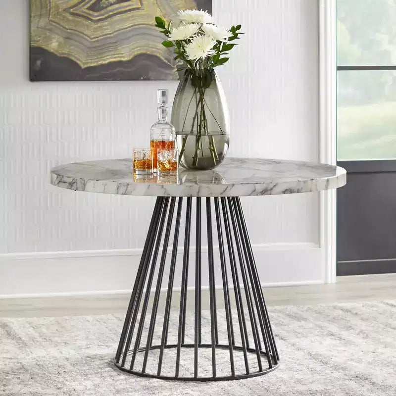 Table à manger ronde Lifestorey Indra moderne en similicuir marbre blanc cassé/noir : plateau en similicuir marbre, 4 places, mobilier de cuisine moderne