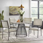 Table à manger ronde Lifestorey Indra moderne en similicuir marbre blanc cassé/noir : plateau en similicuir marbre, 4 places, mobilier de cuisine moderne