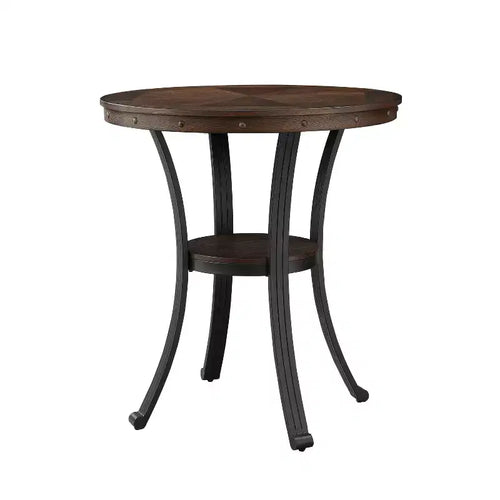 40" Angelo Bar Height Table Oak - Powell: Transitional Bronze Metal Legs, Circular Shelf