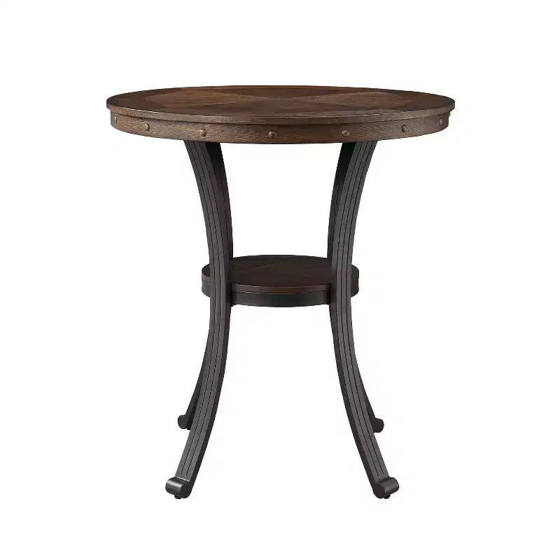 Table de 40" à hauteur de bar Angelo Chêne - Powell : Pieds en métal bronze de transition, étagère circulaire