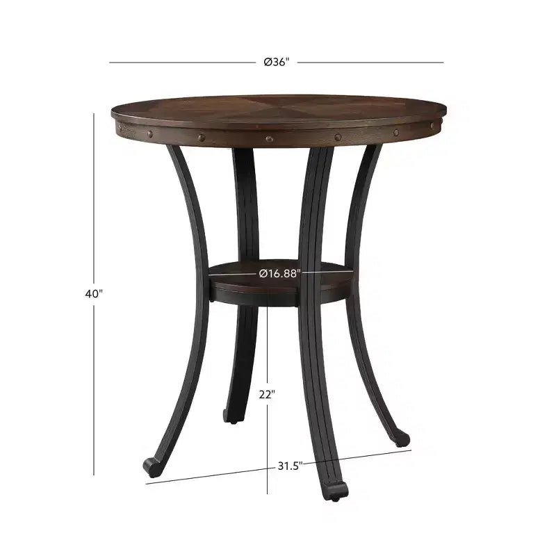 Table de 40" à hauteur de bar Angelo Chêne - Powell : Pieds en métal bronze de transition, étagère circulaire