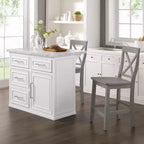 Îlot de cuisine Crosley Cutler 42 po avec plateau en faux marbre et tabourets à dossier en X Blanc/Gris : Moulure perlée, armoire de rangement, placage en bois