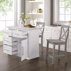 Îlot de cuisine Crosley Cutler 42 po avec plateau en faux marbre et tabourets à dossier en X Blanc/Gris : Moulure perlée, armoire de rangement, placage en bois