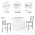 Îlot de cuisine Crosley Cutler 42 po avec plateau en faux marbre et tabourets à dossier en X Blanc/Gris : Moulure perlée, armoire de rangement, placage en bois