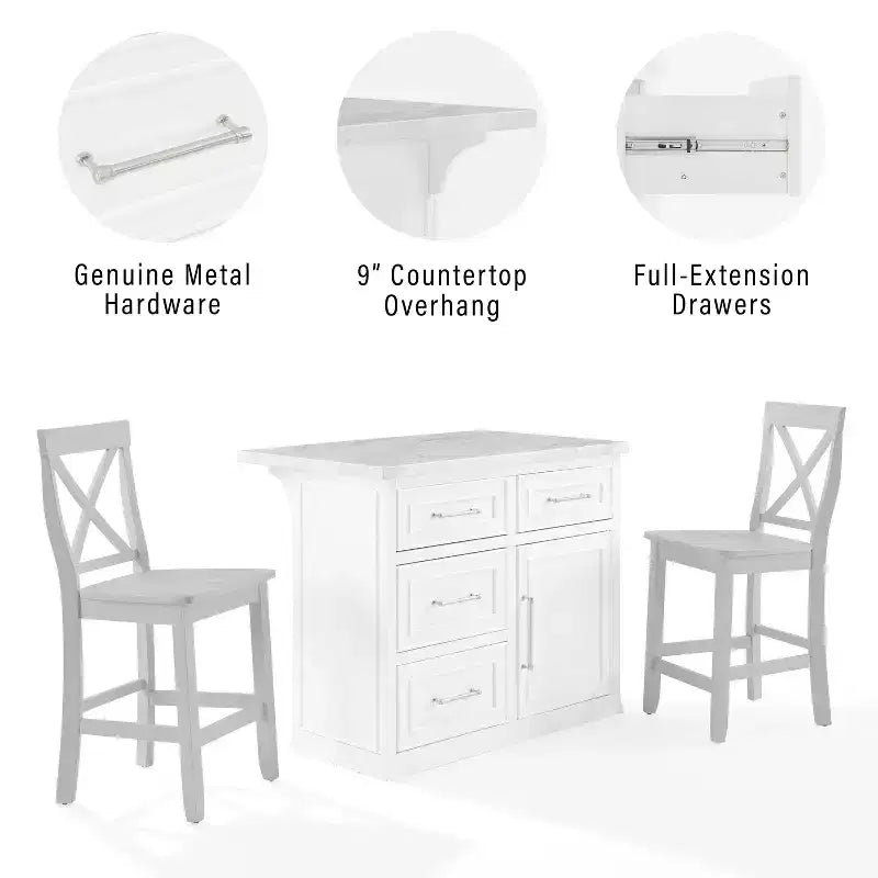 Îlot de cuisine Crosley Cutler 42 po avec plateau en faux marbre et tabourets à dossier en X Blanc/Gris : Moulure perlée, armoire de rangement, placage en bois