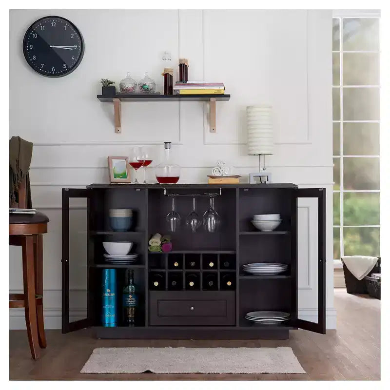 Buffet de salle à manger moderne Candie Espresso avec armoires vitrées et plusieurs rangements, disponible 24h/24, 7j/7