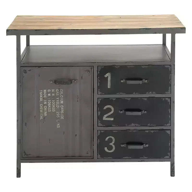 Olivia & May Metal Utility Cabinet with Wood Top Steel Gray: Industrial Style, Iron Frame, 3 Drawers, 2 Doors, No Assembly Required